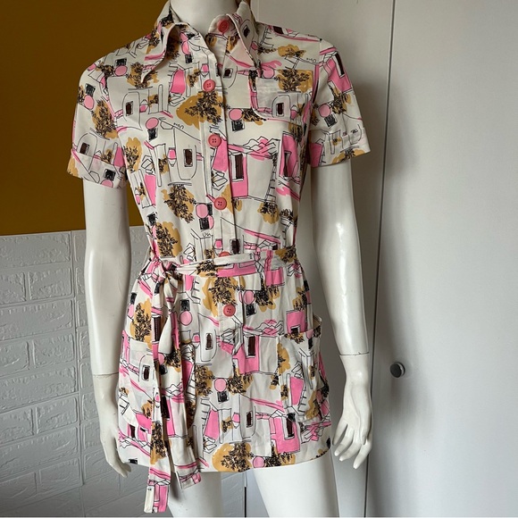 Vintage Tops - Vera Neumann Vintage Top belted house or city scape pink white XS or kids 12